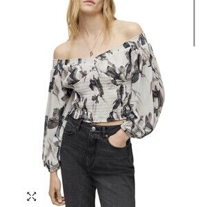 All Saints Tia Iris Off-the-Shoulder Top Smocked Size 8 Women’s Blouse